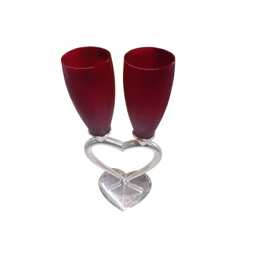 Interlocking heart champagne flutes red / silver wedding Valentine's Stemware